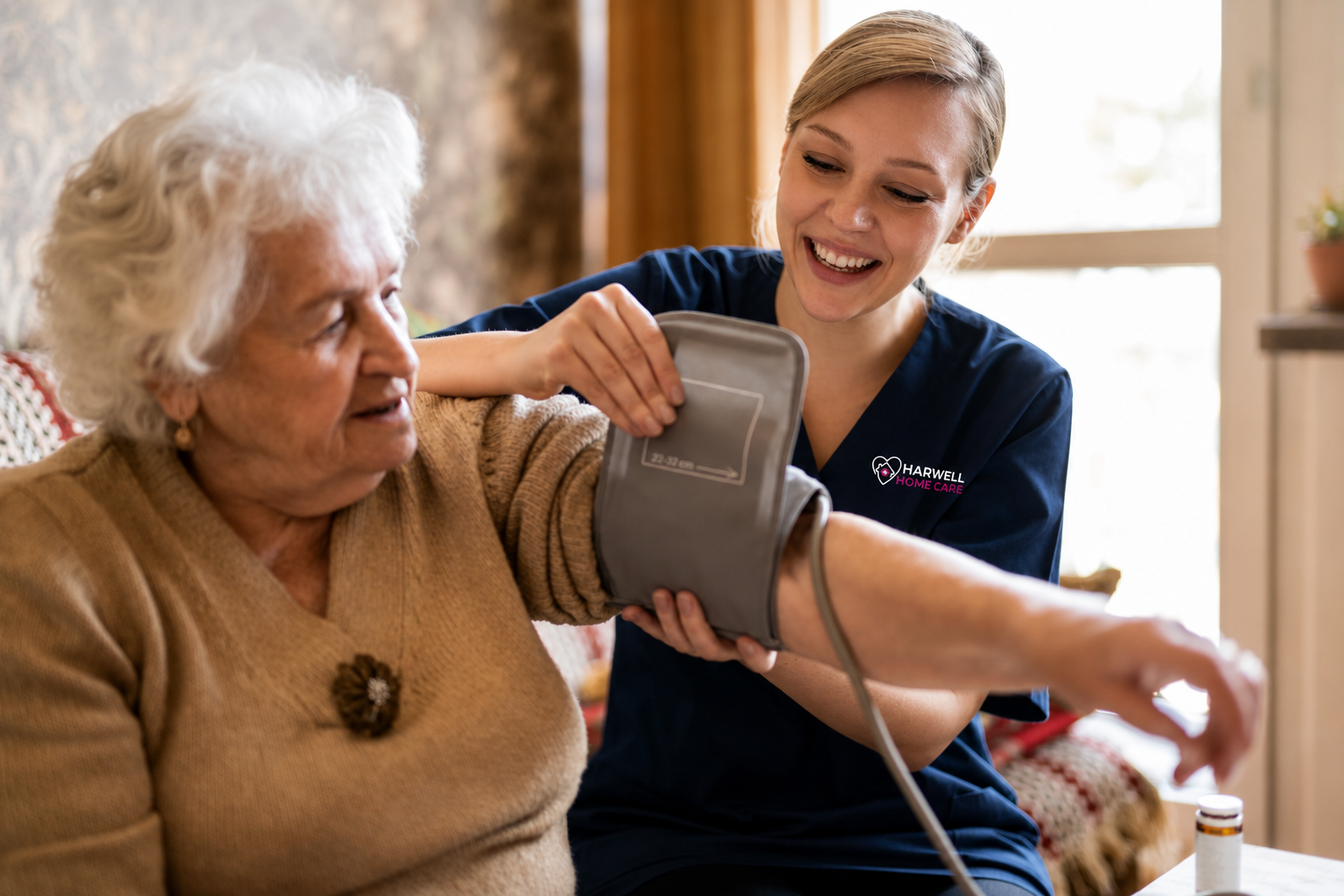 Harwell Home Care nurse checking a senior woman’s blood pressure during an in-home care visit.