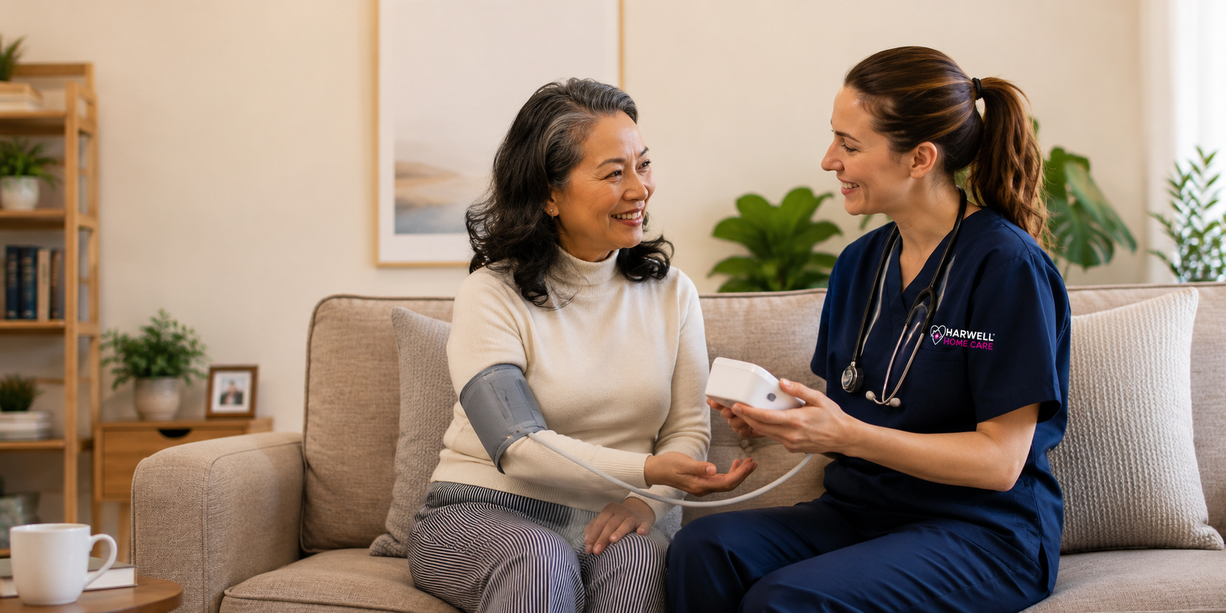 Harwell Home Care nurse checking a senior woman’s blood pressure during an in-home visit.