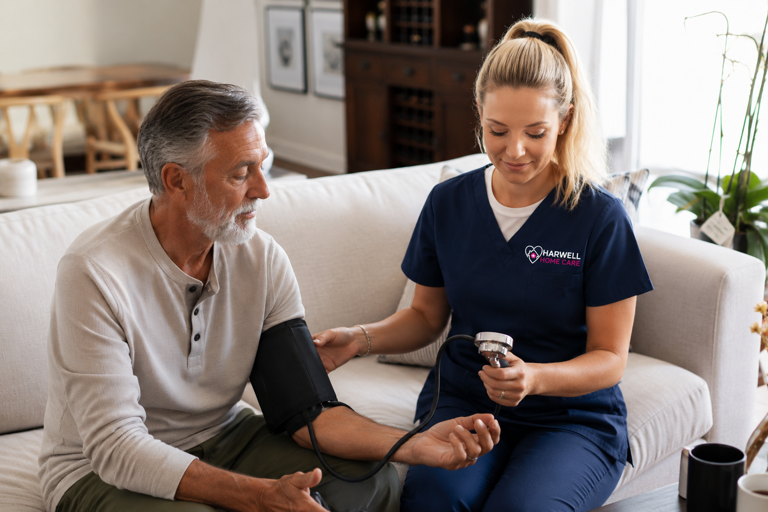 Harwell Home Care nurse checking a senior man’s blood pressure during an in-home visit.