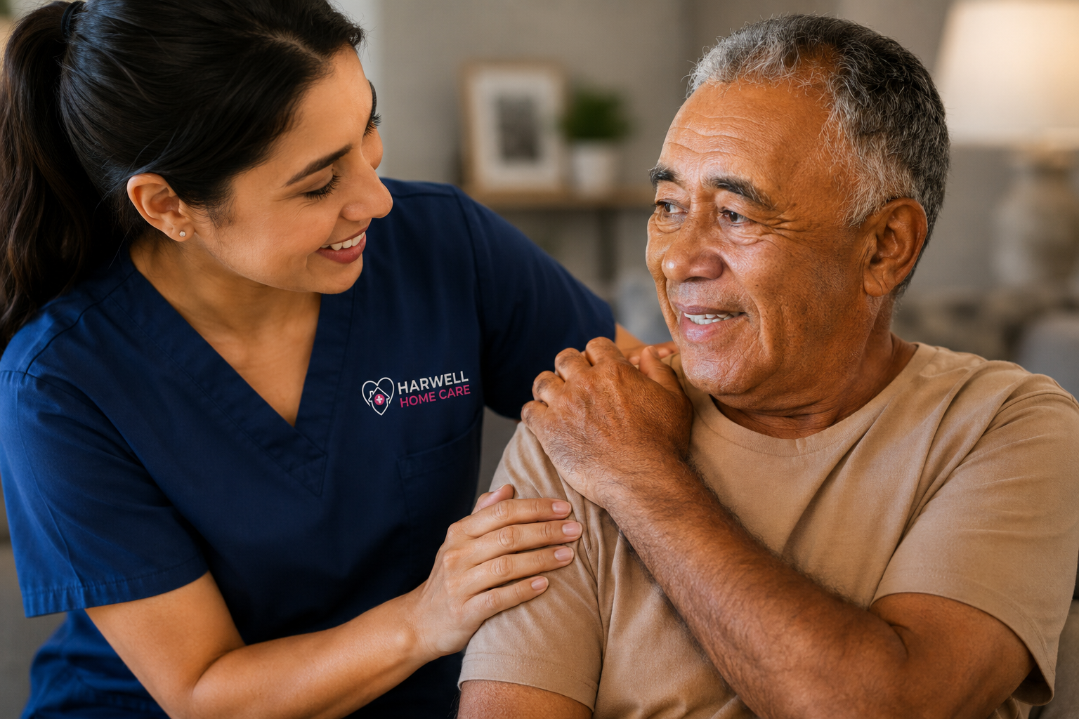 Harwell Home Care worker comforting a senior man during a personalised in-home care visit.