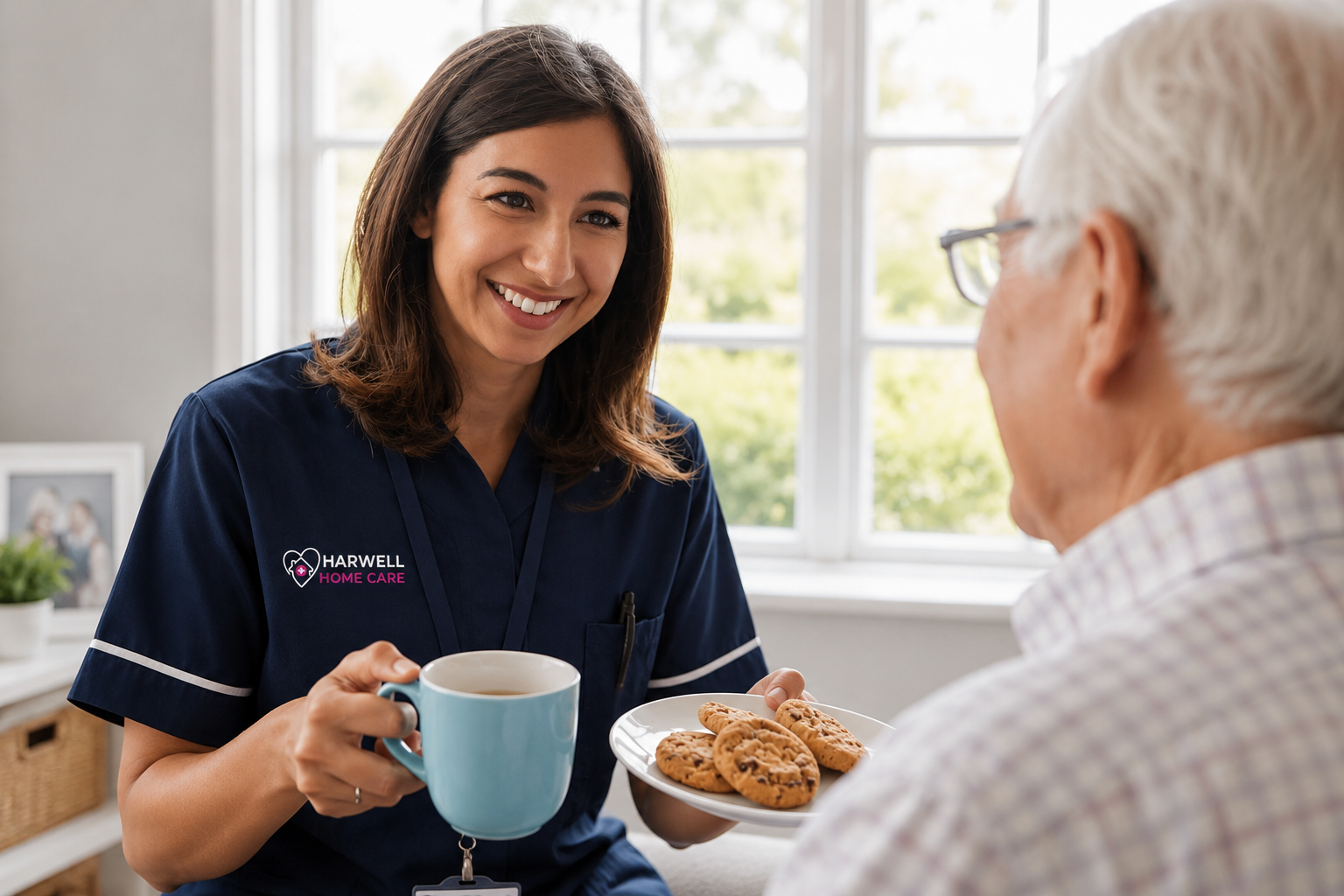 Harwell Home Care worker serving tea and biscuits to a senior man during an in-home care visit.