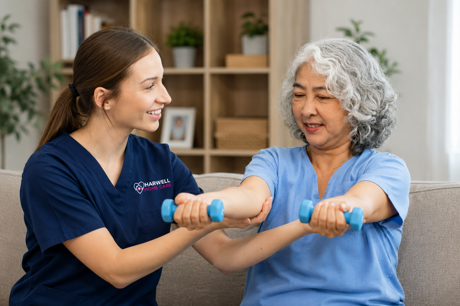 Harwell Home Care worker supporting a senior woman with light strength exercises during an in-home care visit.