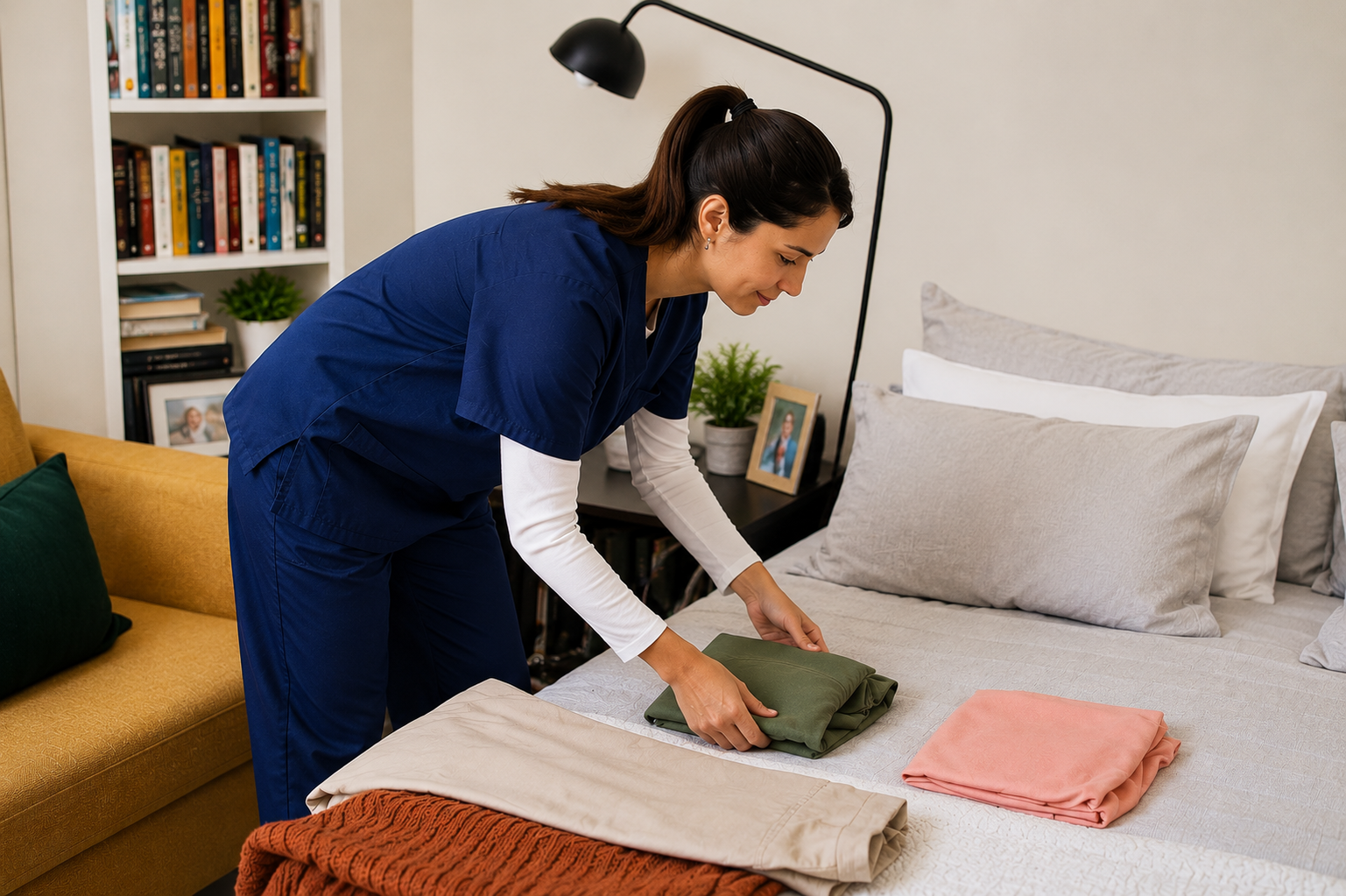 Home care worker folding clothes in a client’s bedroom as part of domestic assistance.