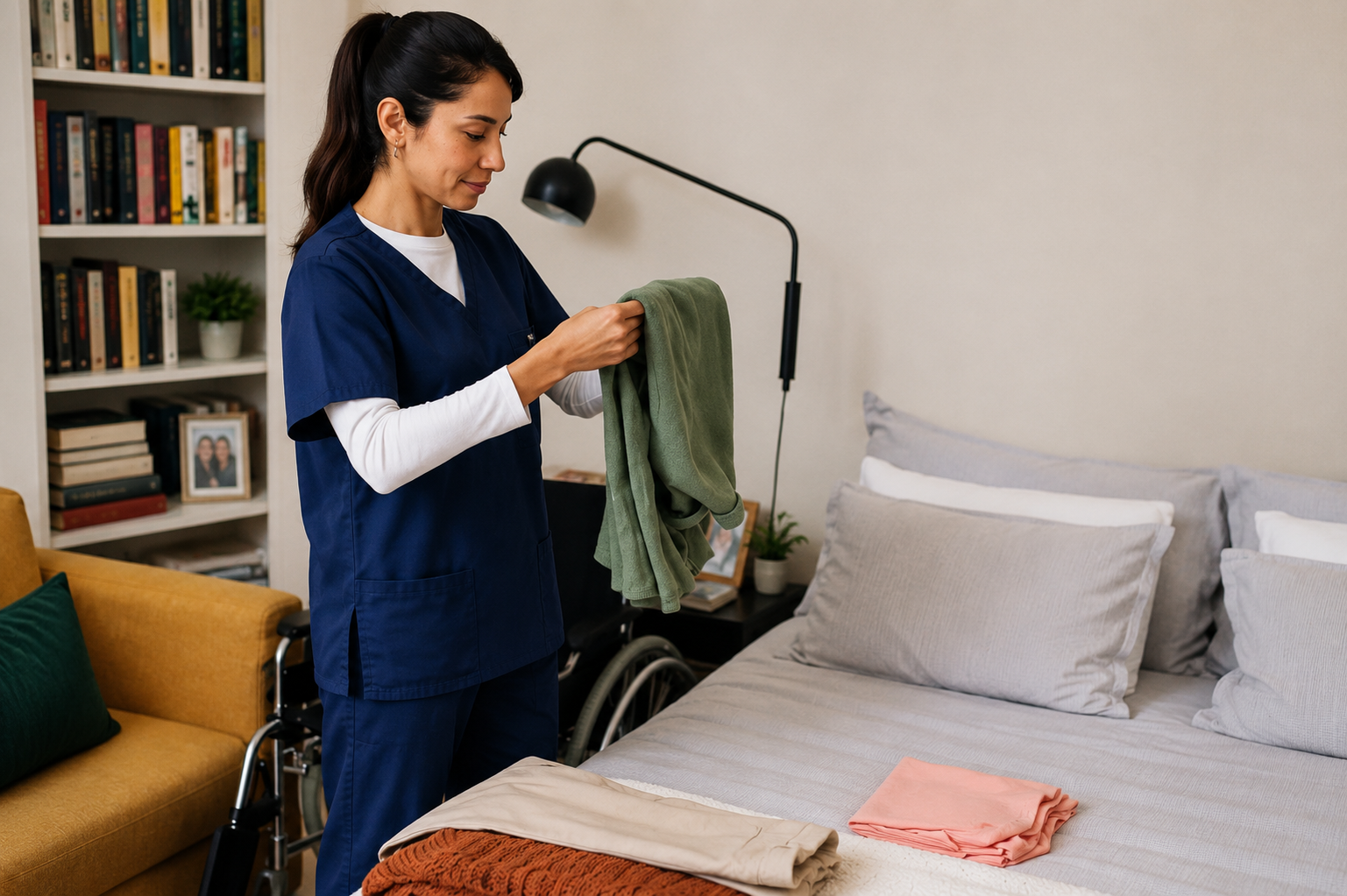 Home care worker folding laundry in a client’s bedroom as part of domestic assistance.